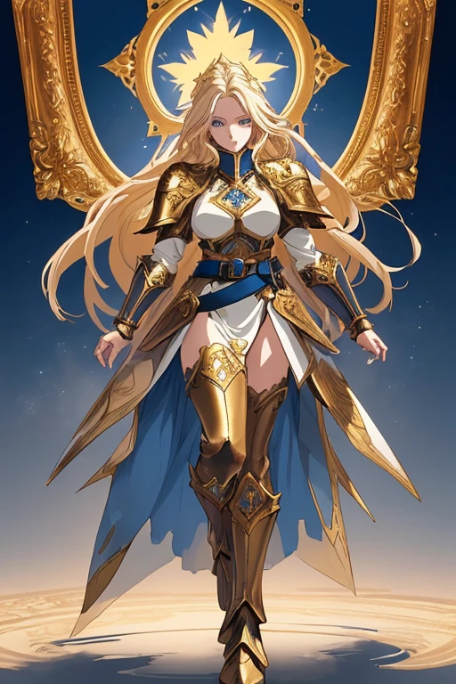 A full-body portrait of a young woman in anime style, with long, light blonde hair, framed by a white mantle adorned with golden details. She has intense blue eyes and wears a form-fitting blue armor with intricate engravings of leaves and flowers, and golden metal pieces covering her shoulders and arms. A dark brown leather belt with metallic buckles secures her armor at the waist. She wears brown leather boots, standing in a dynamic action pose. A cross-shaped pendant adorns her chest. The background features a blue sky with fluffy clouds, highlighting her majestic and noble appearance, visible from head to toe.