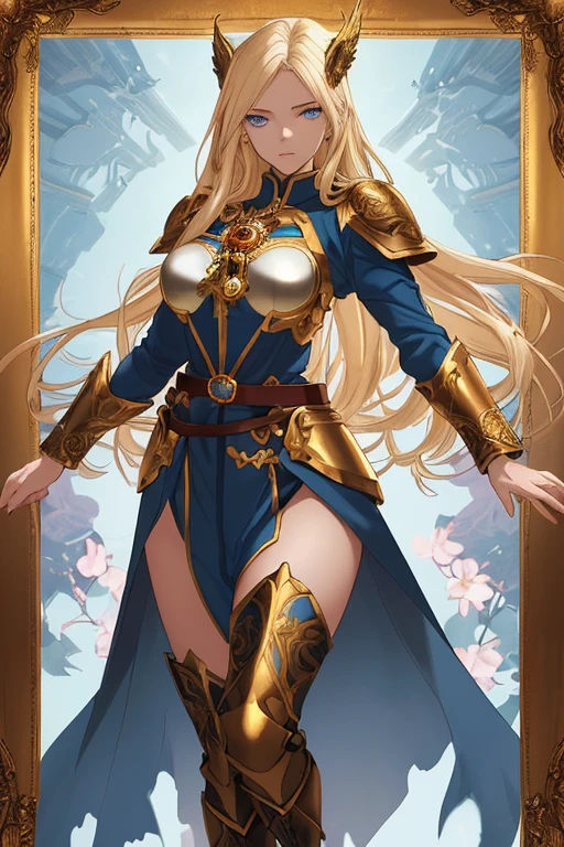 Very detailed、highest quality、Best image quality、masterpiece、8k、Anime Face、A kind smile、Open your mouth、Sparkling blue eyes、(Blonde wavy hair:1.5)、、Muscles of the whole body、Hands on hips、camisole、Thigh belt、mini skirt、(Wearing gold bikini armor:1.5)、Cowboy Shot、(Leg armor:1.5)