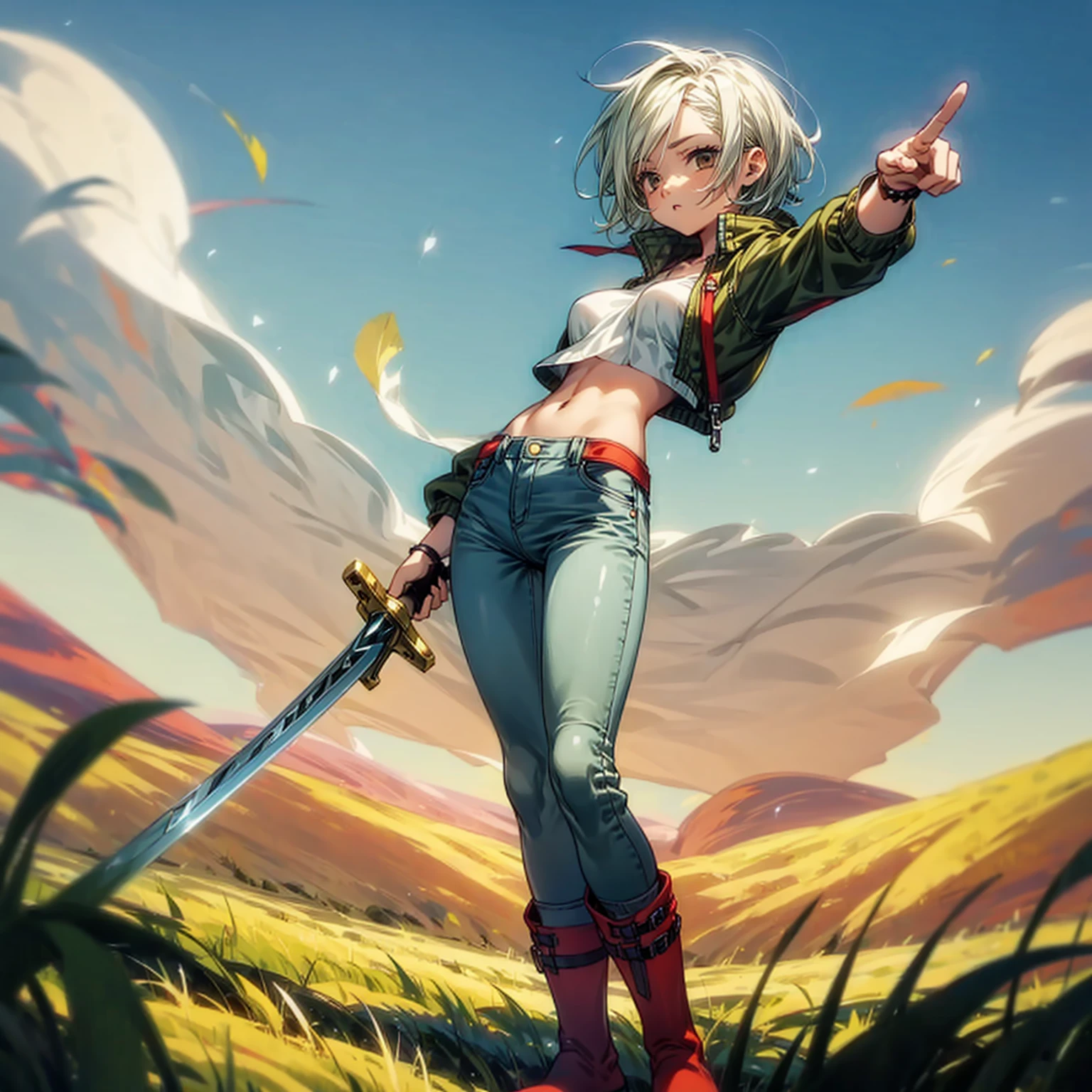 Solo character, full body version, girl, white half green color hair, black eyes, short hairstyle, Jacket crop top, long jeans, bracelet, red boots, sky blue, field, standing battle gesture, short sword in hand, Big breasts 