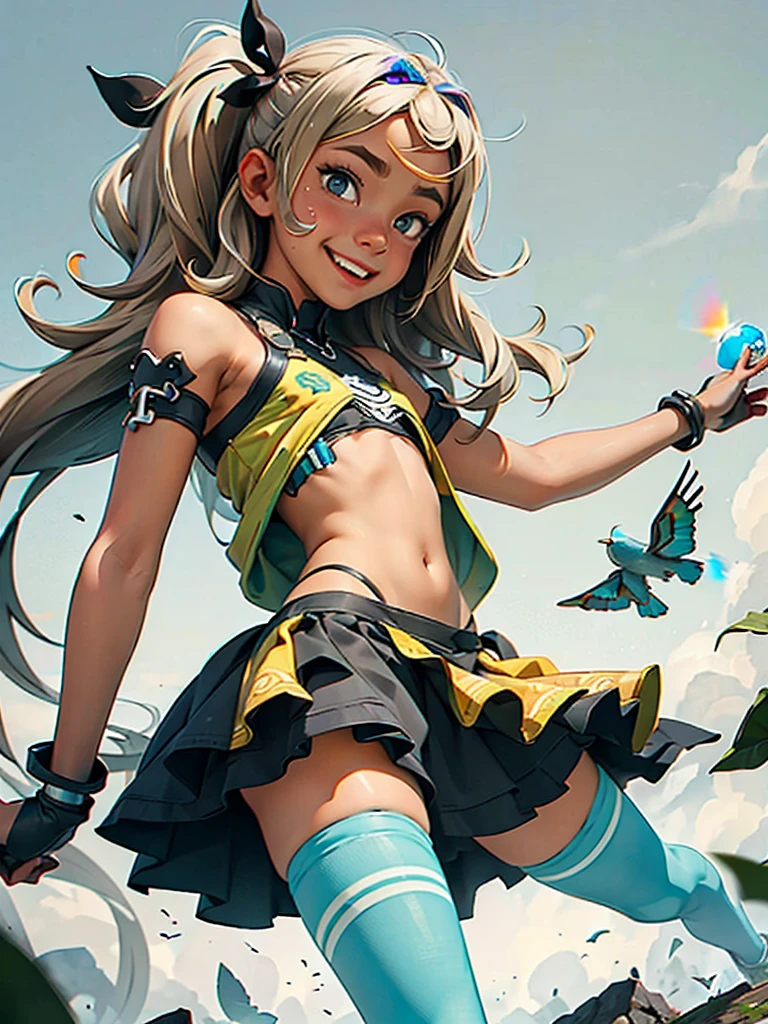 ((ganguro)), (masterpiece: 1.2, Highest quality), (Dark Skin)、Angle from below、Look at me with a happy smile、blonde、expensive 、Ultra mini skirt、White panties、I'll reach out here