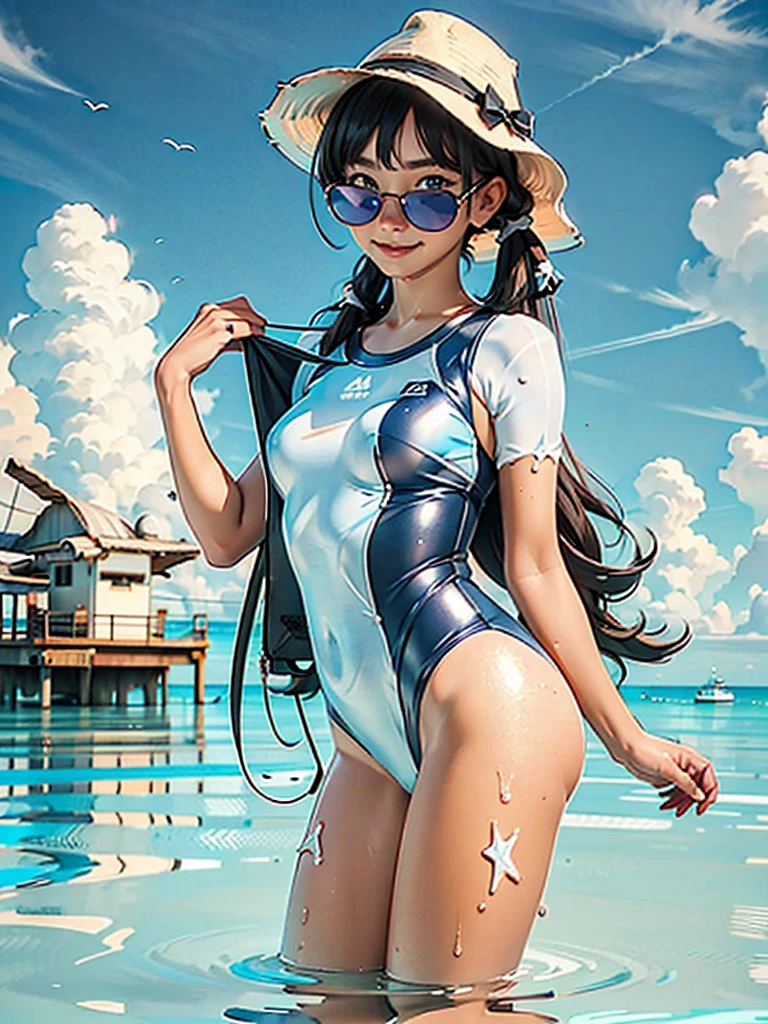 Stand with your feet apart、 Amazingly cute anime girls, Highest quality、ウルトラ - High resolution、High resolution、Detailed CG、8K Unit Wallpaper、17 years old、Beautiful and detailed、(((Super shiny white and light blue swimsuit ,)))、Beautiful sea、Sexy standing pose、Safe Work, Small breasts, Mischievous Smile
