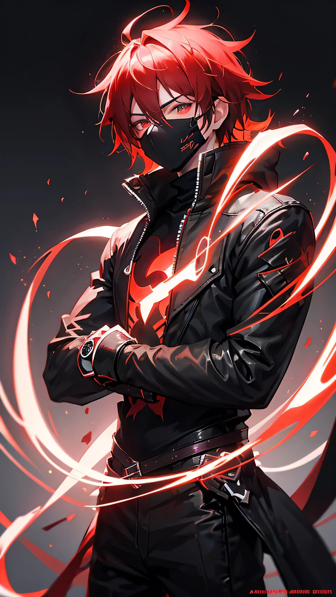 Generate a 2d Anime boy character in dark and red them with dark room in gaming lighting with awesome glow effect wearing a black body and black mask The Mask have unique design