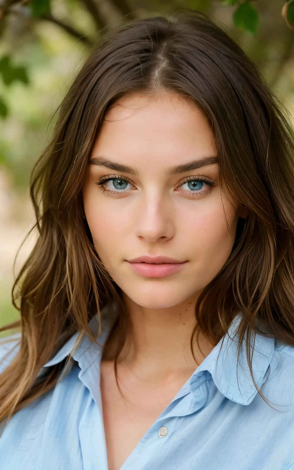 25 Year Old Woman, brunette with long, naturally wavy hair, European, blue eyes, photo pris de face, large , look élégant et moderne, relaxant, tranquil, extravagant , 8k, extremely detailed, Photorealistic, Complicated details, texture de peau réaliste, realistic hair, texture, blissful, 8K  UHD, best quality, high resolution, Attention aux détails, très large , that the face