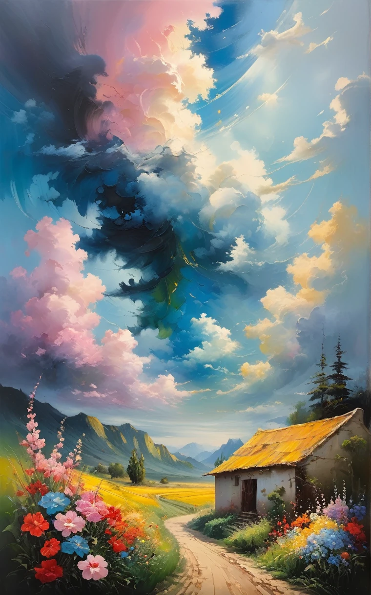 (((Various styles))), Detailed scene, Weird twist, Unique visual effects, cloud, and flowers, Abstract, Surrealist "Painted Light", "Soft colors, ”, 「isolated subject, ” âinnocent colours, soft light, Heavy inky shadows, Detailed and complex environments, masterpiece, tracking effect, oil painting美學, heavy strokes, mysterious temptation, oil painting《Impressionism》, ” âImpressionistic.”Beautiful details, stylized art aesthetics, Broken glass effect, No background, amazing, something that doesn't even exist, Mythological figures, vitality, molecular, texture, iridescent and luminous scales, amazing美麗, pure perfection, divine presence, unforgettable, touching, amazing美麗, Volumetric light, halo, ray, vivid color reflection