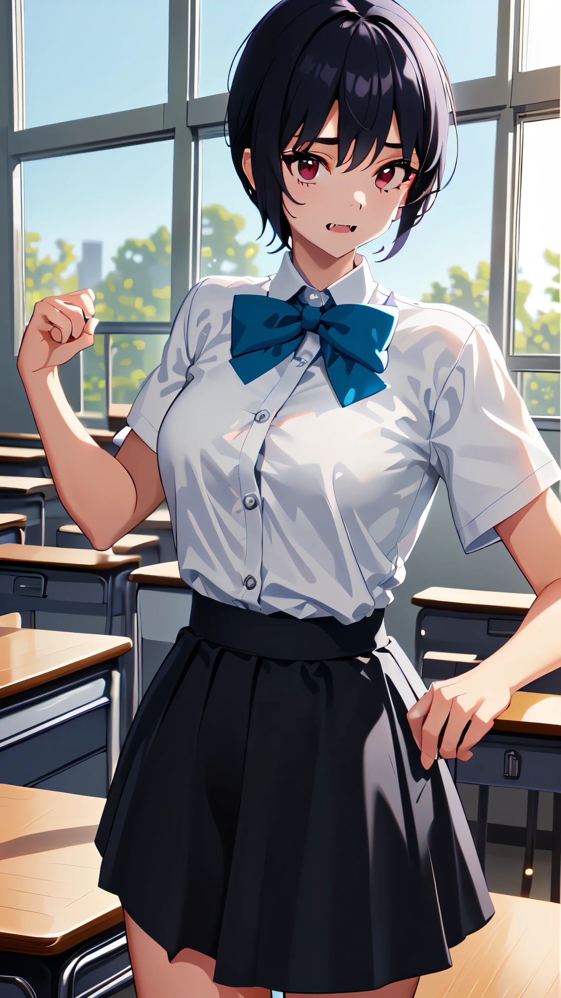 tomboyish high school girl , has neck-length black hair, red eyes, The 20-year-old has small fangs that match her loud and impulsive personality, She has an athletic and skinny appearance with large breasts wearing a Japanese  and at the same time wears a short black skirt and specs on the back of the skirt. . Context She is standing between two student desks and chairs in the classroom 