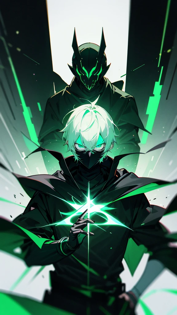 Generate a 2d Anime boy character in dark and green and white them with dark room in gaming lighting with awesome glow effect wearing a black body and black mask The Mask have unique design