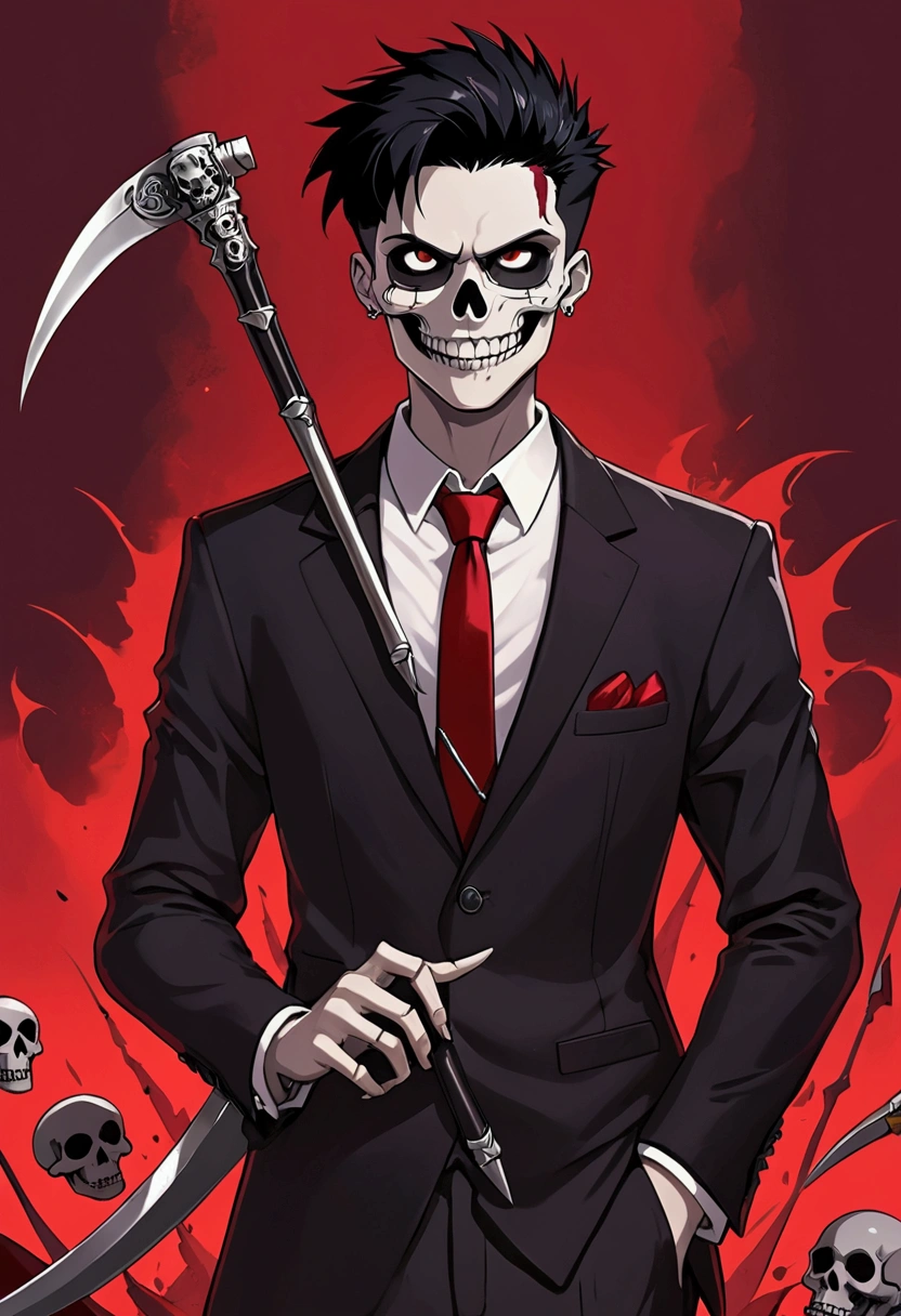 ((Artwork, 8K, Low lighting)), 1 boy, 19 years old, spiky black hair, dark wine red iris color, skull-shaped pill, wearing a black suit with a red tie, smiling, sharp teeth, a silver skull necklace, serious look, holding scythe with black metal handle and part of the blade red in color with white details.