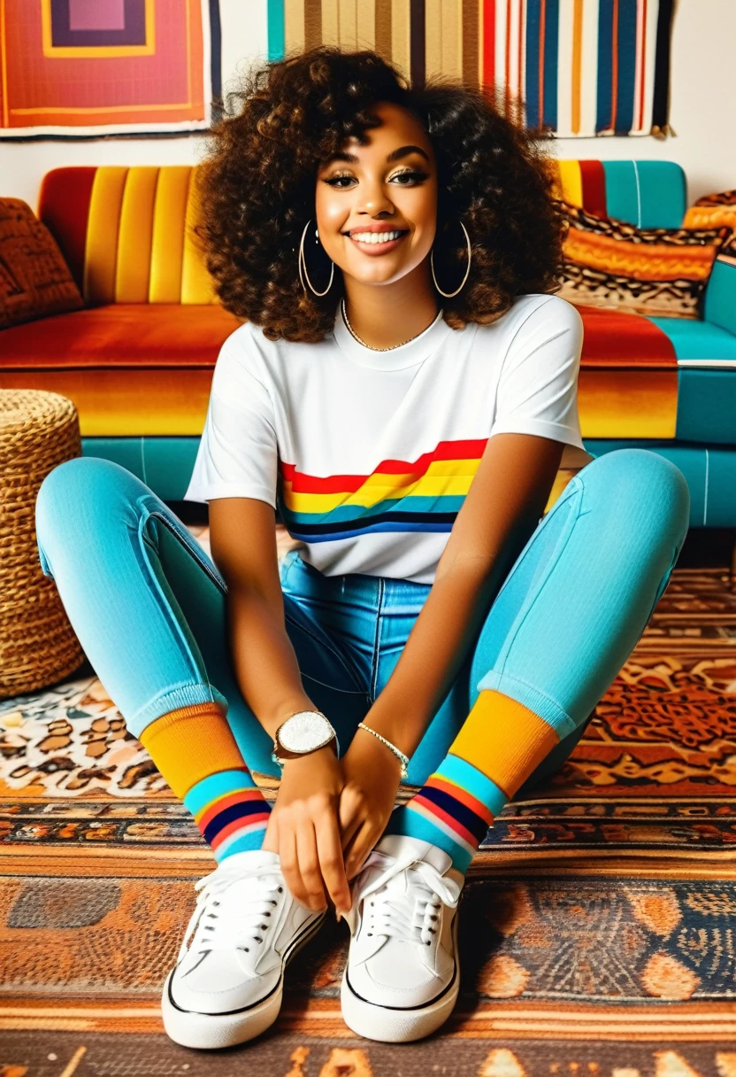 full body shot mockup on blank white crewneck T-shirt worn by beautiful african american trendy gen Z tik tok girl, retro 70s Polaroid filter, sitting on floor in of 70s style apartment with shaggy carpet and funky wallpaper, shorts, colorful knee high socks,