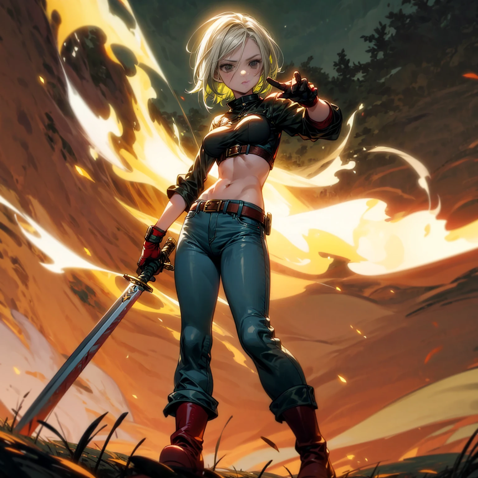 Solo character, full body version, girl, tall height, white half green color hair, black eyes, short hairstyle, crop top, gloves, long jeans, belt, bracelet, red boots, evening, field, Moonlight, standing gesture, sword in hand, Big breasts, glow effect in sword, glow effect, Fire effect, blood on Character, plaster on nose 