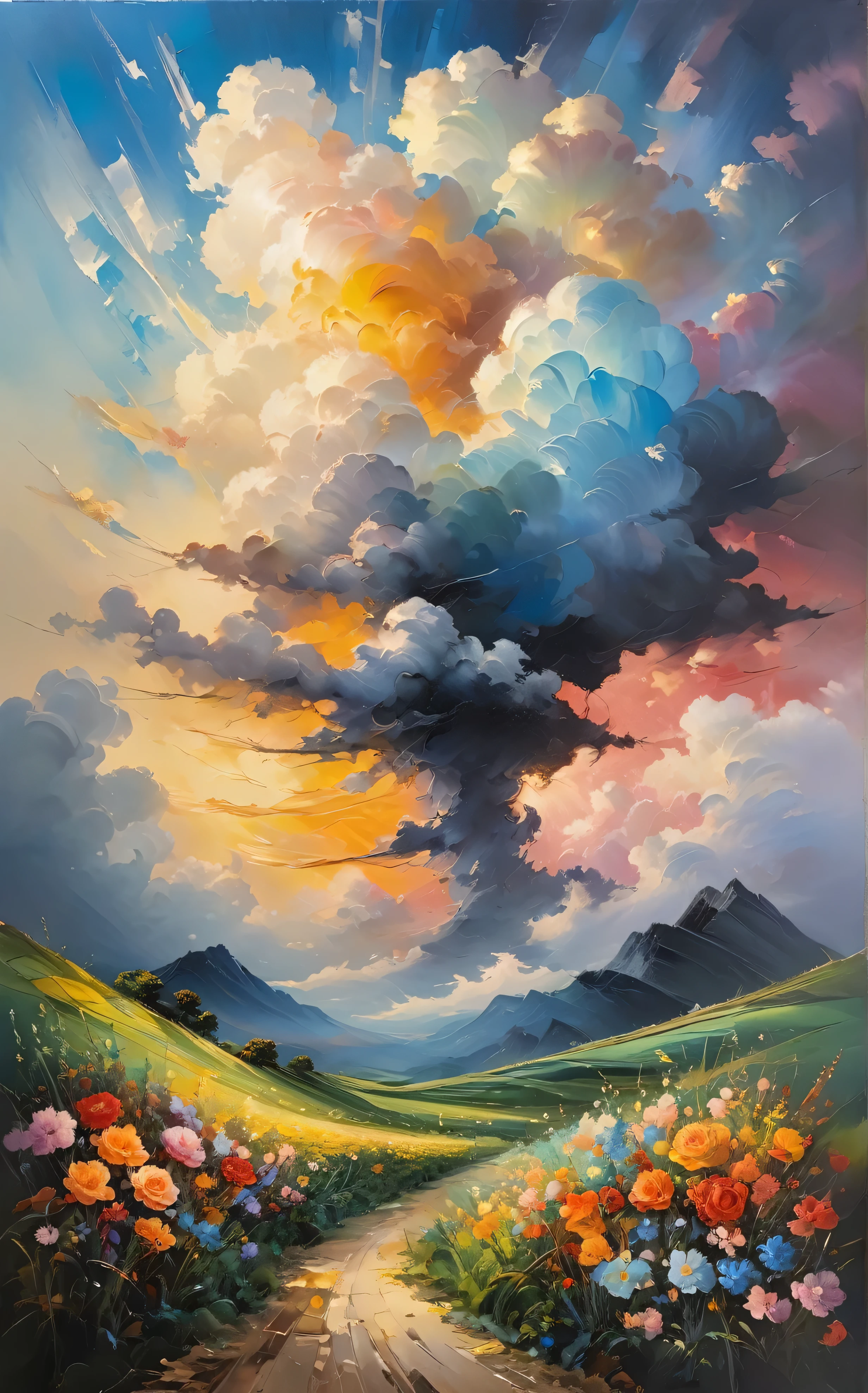 (((Various styles))), Detailed scene, Weird twist, Unique visual effects, cloud, and flowers, Abstract, Surrealist "Painted Light", "Soft colors, ”, 「isolated subject, ” âinnocent colours, soft light, Heavy inky shadows, Detailed and complex environments, masterpiece, tracking effect, oil painting aesthetics, heavy strokes, mysterious temptation, oil painting《impressionism》, ” âImpressionistic.”Beautiful details, stylized art aesthetics, Broken glass effect, No background, amazing, something that doesn't even exist, Mythological figures, vitality, molecular, texture, iridescent and luminous scales, amazing beautiful, pure perfection, divine presence, unforgettable, touching, amazing beautiful, Volumetric light, Halation, ray, vivid color reflection
