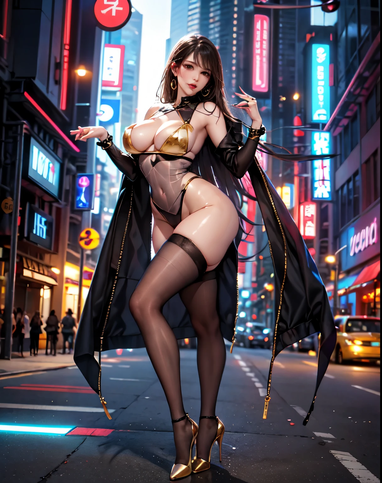 (highest quality, masterpiece: 1.1), 1 girl, whole body from head to toe, in the hustle and bustle of the city, 足を開いてしゃがむsexy pose, 30 year old beauty, she wears skimpy full body tights......, bewitching waist, sexy pose, look at the camera, Sheer Full Body Tights, Transparent full body tights with plunging neckline, No bra, sexy beauty, Nipple projection reflected in full body tights, clear white skin, Gold accessories on hands and feet, skin shining with sweat, black stockings, high heels,