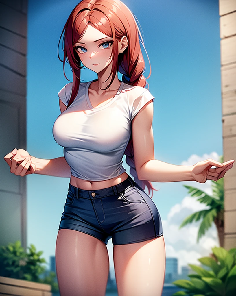 Sexy young girl, White skin, good body, strong red hair, long ponytail hair, blue eyes, blue jeans, White shirt, WHITE TENNIS, standing, slim sexy body