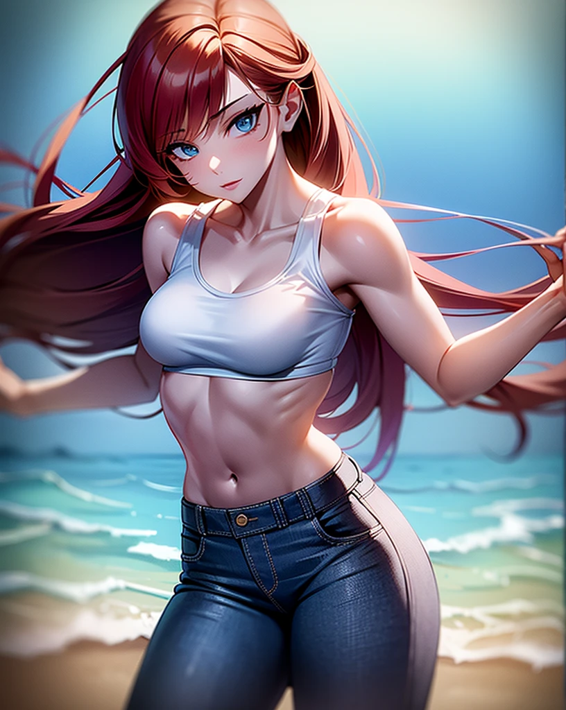 Sexy young girl, White skin, good body, strong red hair, long ponytail hair, blue eyes, blue jeans, White shirt, WHITE TENNIS, standing, slim sexy body