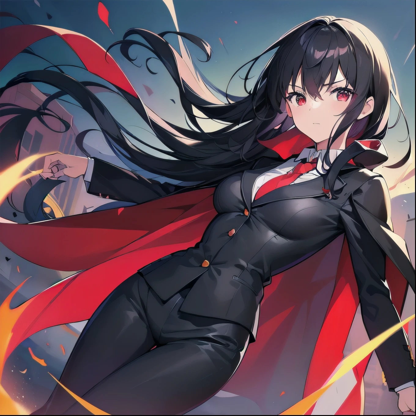 [(Deep Red:1.5),::5], (((masterpiece))), high quality, Very high resolution, Large file size, Full Color, ((girl)), Black Hair, Bright colors, Red Eye, (Wind effects), anime, (Black business suit, Red Cape) Formal wear, Small breasts