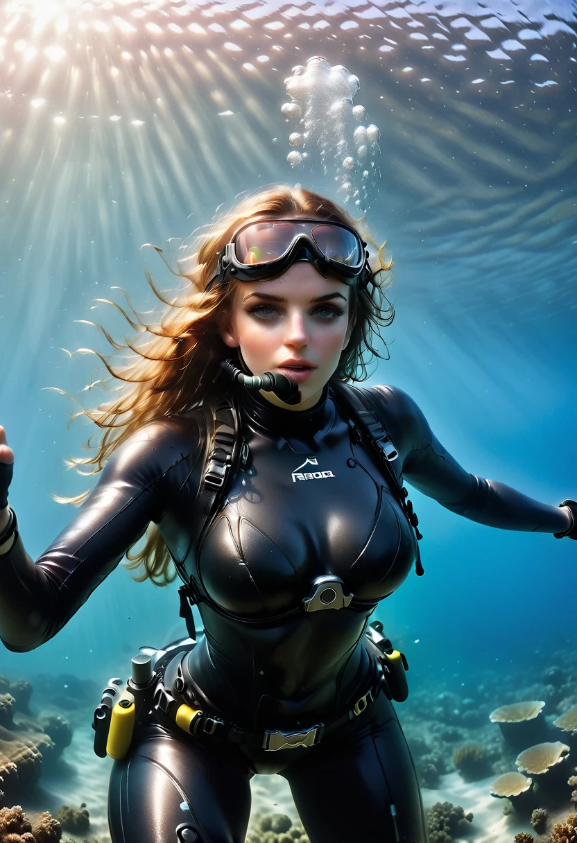 ((full body shot))During the diving course，There is a lady wearing a diving suit and goggles,Wear a diving helmet, Instagram, A diver on the seabed, A diver on the seabed, old scuba, GoPro shooting, Abandoned diving mask, Underwater perspective, 3 6 0 capture, amanda clarke, Underwater shooting,