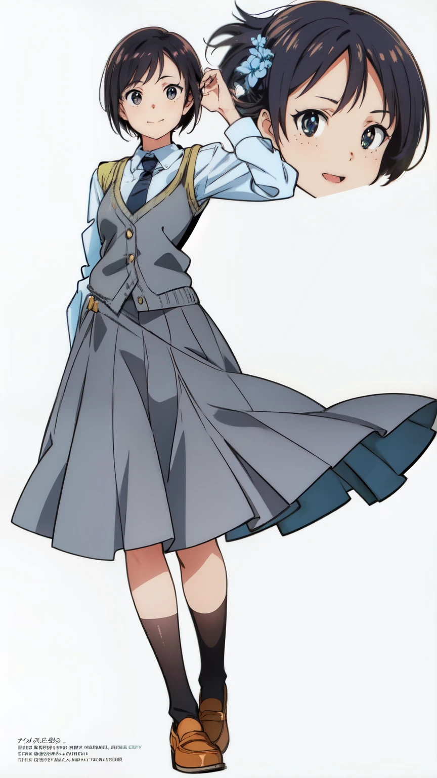 (white background:1.0), (best quality:1.0), (masterpiece:1.0), (super fine illustration:1.0), (beautiful artwork:1.0), (anime screencap:1.0), (official art:1.0), (solo:1.0), (a 18yo cute girl:1.0), (long skirt:1.0), (gray skirt:1.0), (pleated skirt:1.0), (khaki knit vest:1.0), (white long sleeve collared shirt:1.0), (dark blue necktie:1.0), (loafers:1.0), (black socks:1.0), (ideal ratio body proportions:1.0), (lanky:1.0), (tall:1.0), (slender:1.0), (small breasts:1.0), (smaller face:1.0), (freckles:1.0), (cheerful:1.0), (detailed beautiful eyes:1.0), (detailed beautiful face:1.0), (glowing black eyes:1.0), (very short hair:1.0), (swept bangs:1.0), (black hair:1.0), (standing:1.0), (looking at viewer:1.0)