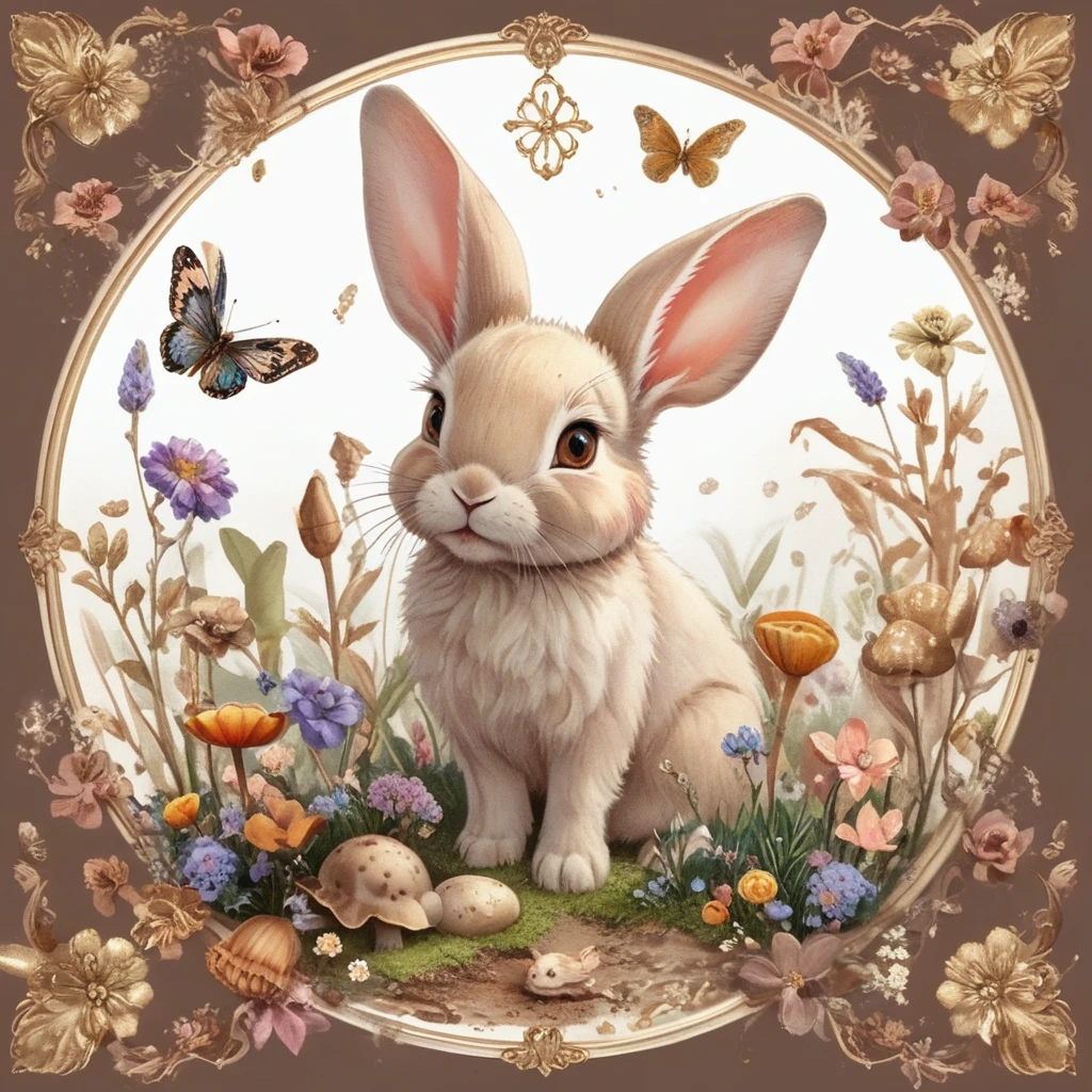 masterpiece、Highest quality、care、delicate、No background、Collage Design、Sticker design、Seal Design、Evenly spaced、Baby rabbit、Her eyes sparkle、Cute Rabbit、female、大きなレースとリボンをtけているうさぎ、Various rabbits、Various poses、Fantasy、antique、flower、key、butterfly、Pocket watch、hourglass、antiqueデザイン、A lot of rabbits、lease、flower束、flower多め、１t１tデザイン大きい、Large margin for design、The designs are far apart、Bow knot、With border、autumn、(mushroom)、ウサギの頭にヒマワリのflowerを飾っている、Nuts、flowerの代わりにmushroomたくさん、(drooping ears)、