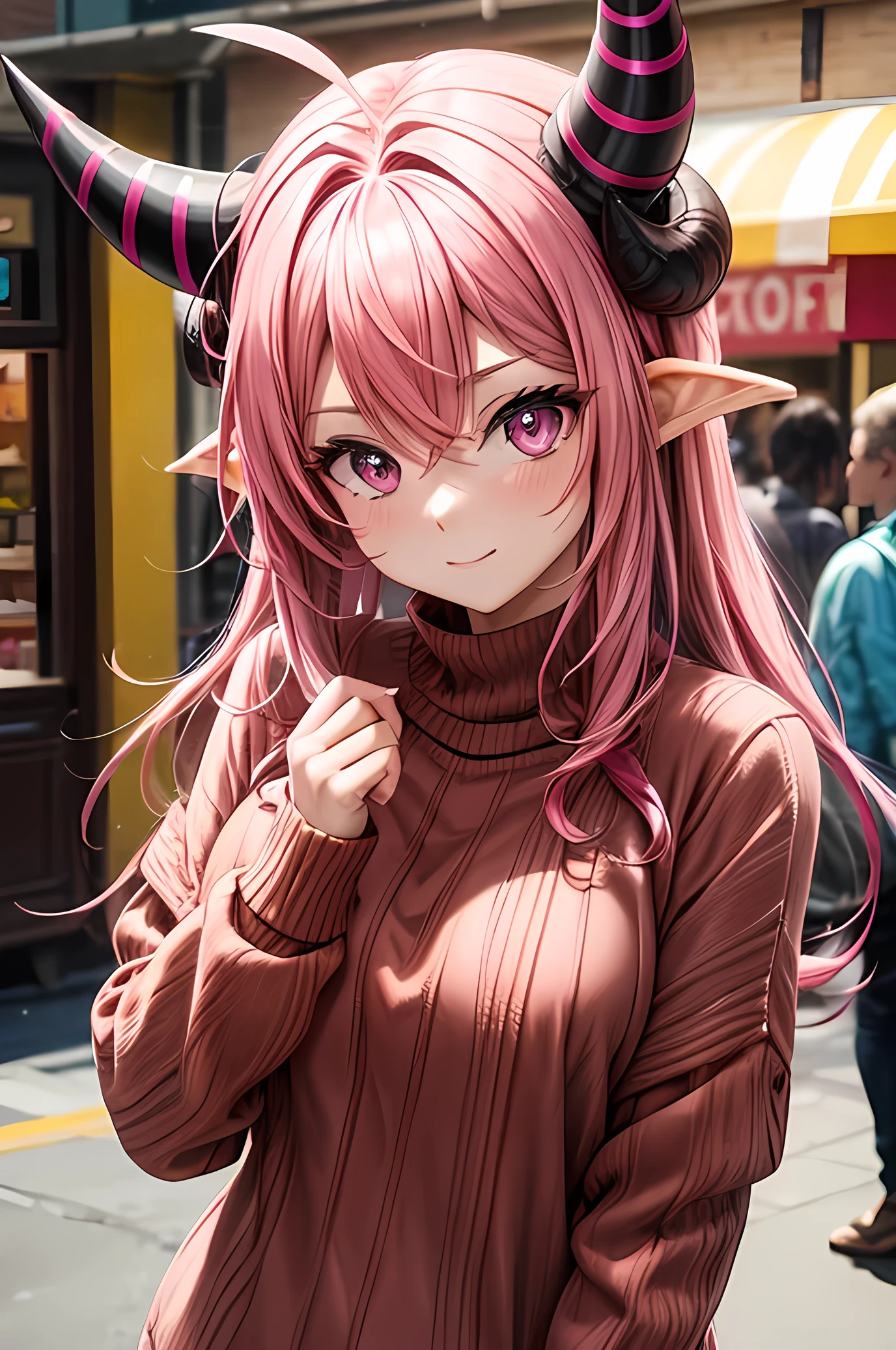 Hot pink haired girl with horns, fair skin, hotpink eyes, brown sweater