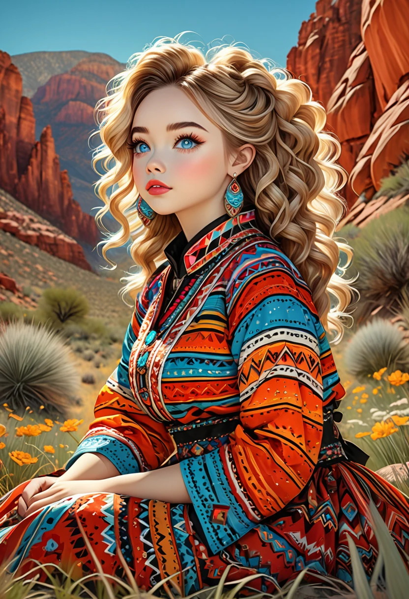 Full-length photo of a beautiful gnome woman, a stunning merge of Sabrina Carpenter, in a colorful Southwestern style dress and skirt. She is sitting on a patch of grass under colorful skies, looking upward at the viewer. She is wearing Navajo sandals, Southwestern earrings, and jewelry. Her blonde hair is coarse, wiry, tightly curled, and densely packed, with a rough texture prone to frizz and tangling. The woman is depicted as cute, girly, and sexy, with a symmetrical face. This official art is an award-winning digital masterpiece in 4K Ultra HD, featuring extreme detail and intricate realism. It combines the artistry of Wlop and Artgerm in a stunning 2D vector illustration. She has large, perky, voluptuous, symmetrical, and spherical breasts. The background showcases a beautiful panoramic vista of a red rock canyon.