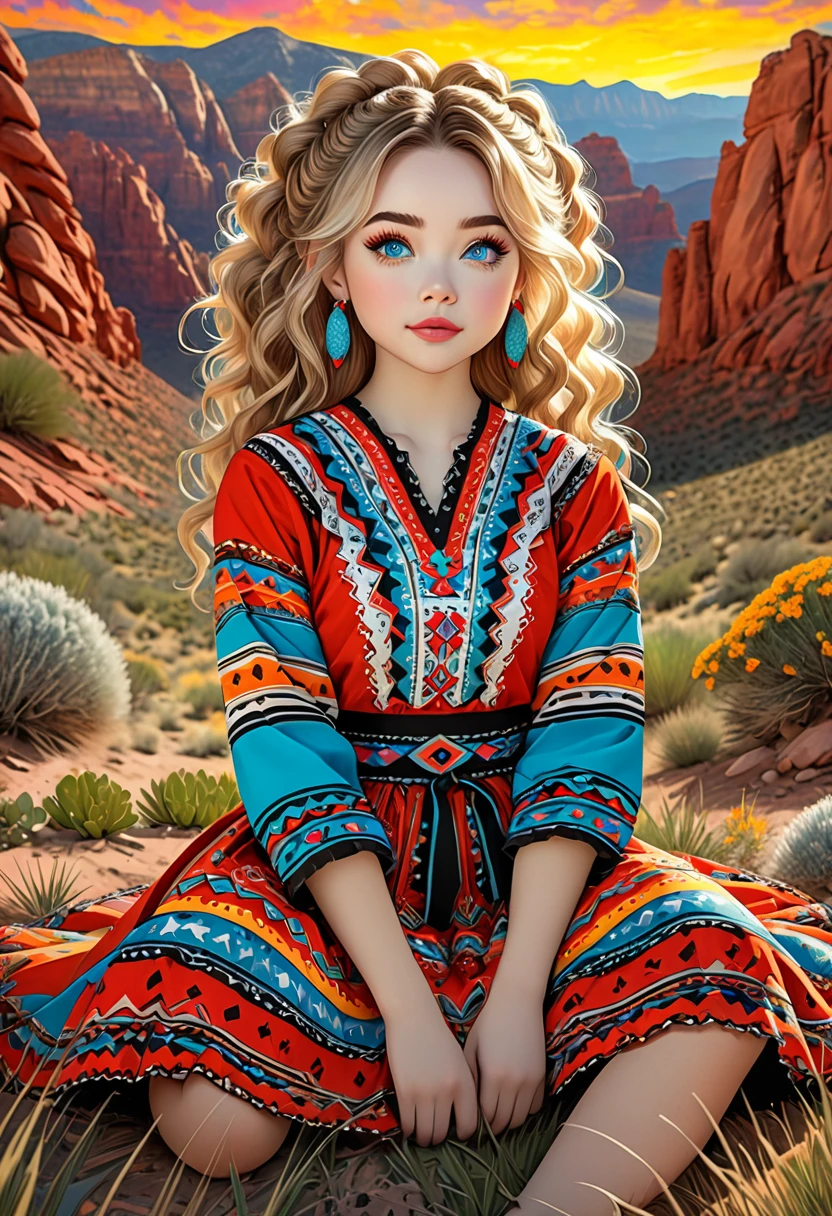 Full-length photo of a beautiful gnome woman, a stunning merge of Sabrina Carpenter, in a colorful Southwestern style dress and skirt. She is sitting on a patch of grass under colorful skies, looking upward at the viewer. She is wearing Navajo sandals, Southwestern earrings, and jewelry. Her blonde hair is coarse, wiry, tightly curled, and densely packed, with a rough texture prone to frizz and tangling. The woman is depicted as cute, girly, and sexy, with a symmetrical face. This official art is an award-winning digital masterpiece in 4K Ultra HD, featuring extreme detail and intricate realism. It combines the artistry of Wlop and Artgerm in a stunning 2D vector illustration. She has large, perky, voluptuous, symmetrical, and spherical breasts. The background showcases a beautiful panoramic vista of a red rock canyon.