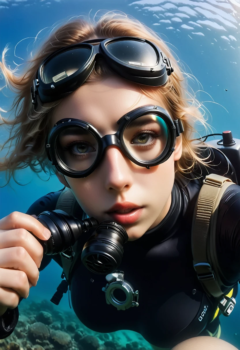 ((full body shot))During the diving course，There is a lady wearing a diving suit and goggles,Wear a diving helmet, Instagram, A diver on the seabed, A diver on the seabed, old scuba, GoPro shooting, Abandoned diving mask, Underwater perspective, 3 6 0 capture, amanda clarke, Underwater shooting,