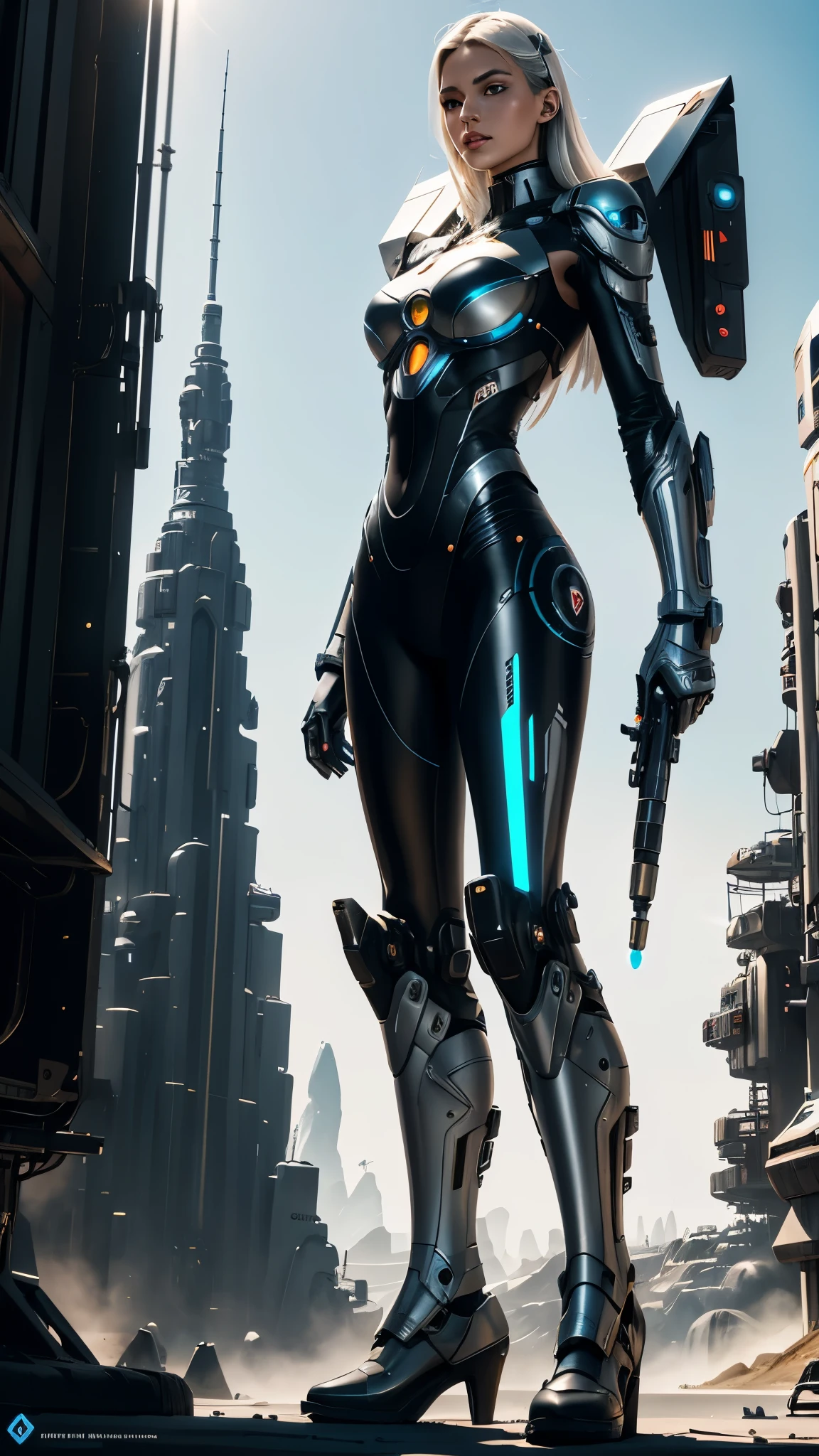 gorgeous woman, white girl, Standing mech, full body frontal, simple_background, white_background, reggie steel, metallic, black sand, laser sight, owtech, sci-fi, stylized, ghibli, flat monochrome drawing, light and shadow realistic, cyberpunk, futuristic, digital art, best quality, graphic animation, sfw, starsector, sci-fi style, high-tech product, sci-fi, fantasy, very detailed detail, digital painting, Trends on artstation, concept art, sharp focus, illustration,  