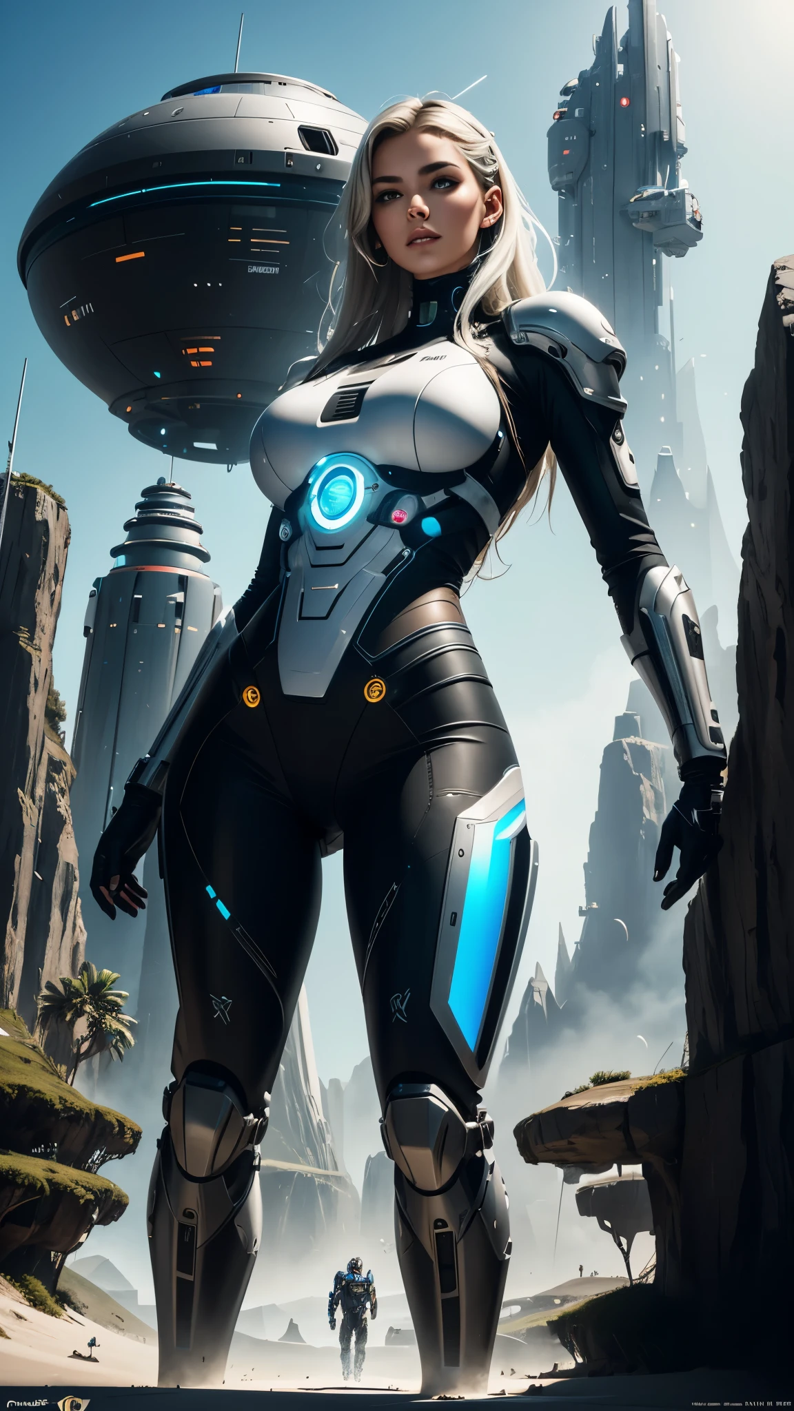 gorgeous woman, white girl, Standing mech, full body frontal, simple_background, white_background, reggie steel, metallic, black sand, laser sight, owtech, sci-fi, stylized, ghibli, flat monochrome drawing, light and shadow realistic, cyberpunk, futuristic, digital art, best quality, graphic animation, sfw, starsector, sci-fi style, high-tech product, sci-fi, fantasy, very detailed detail, digital painting, Trends on artstation, concept art, sharp focus, illustration,  