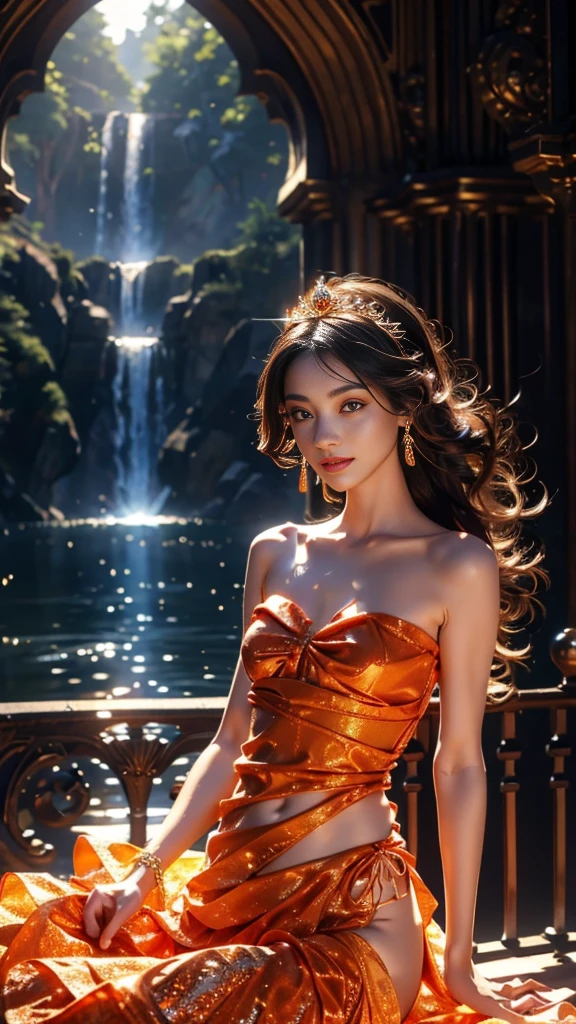 8K, UHD, Masterpiece, extreme quality, 1 girl, good face, detailed eyes, very long hair, detailed lips, small breasts, detailed empress fantasy dress, orange fantasy dress, ((glowing dress:1.4)), lace, (bare waist:1.5), flowing sardine, beautiful fantasy, fantasy empress, beautiful alluring Realistic art,  shining skin, in the balcony, Realistic shadow, depth of field, ray tracing, god rays, bloom, bokeh effect,