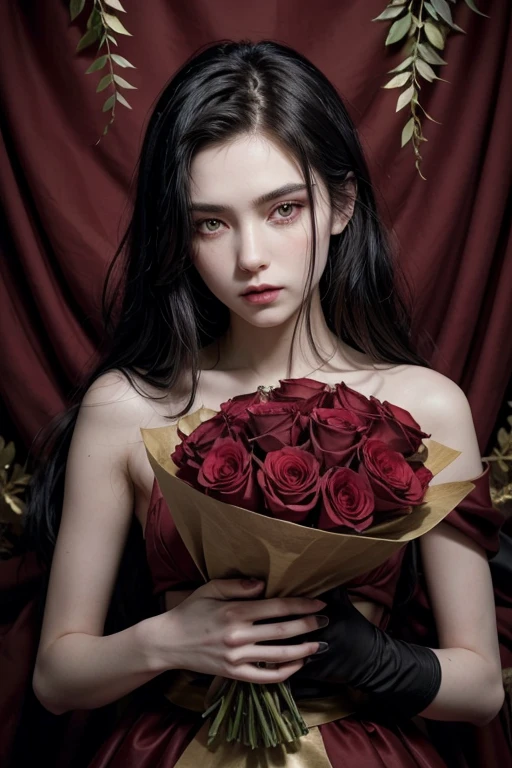 Make me a cover of an attractive boy with black hair, red eyes, pale skin, dominant look, androgynous beauty, with red roses standing out that have details and contain mystery and sauce. That he is holding a very attractive girl by the waist, that the girl has a bouquet of red roses. Let the details be in gold and there be blood