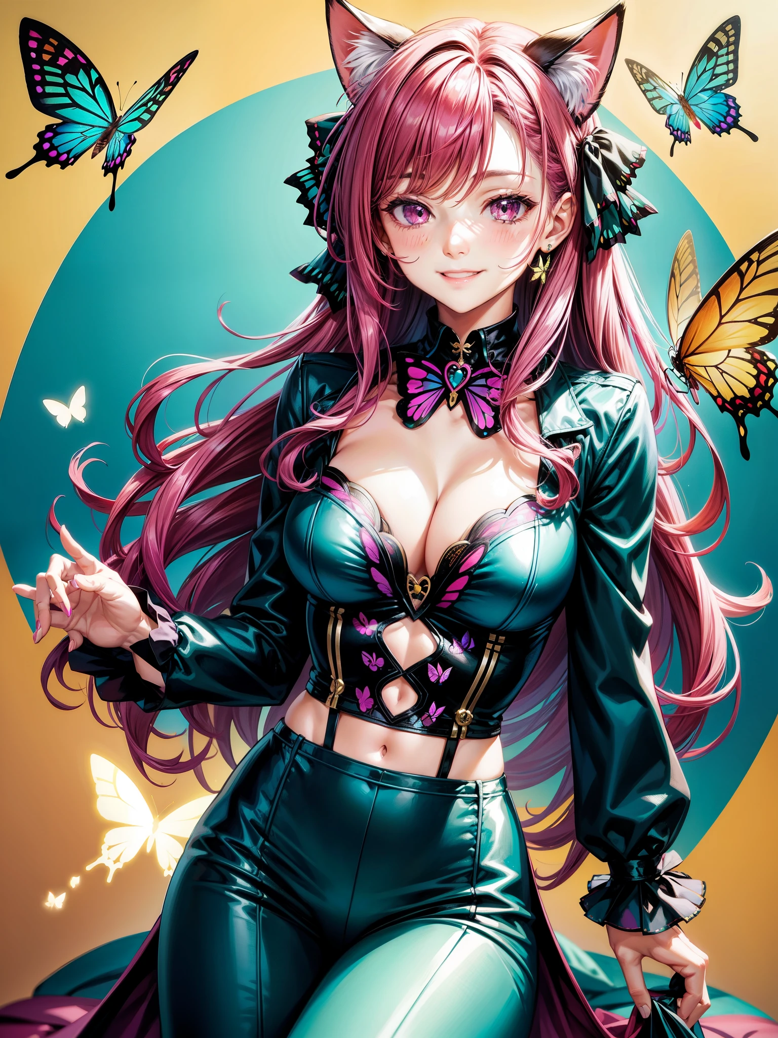 Magenta hair, brown eyes, older woman, hair bows, cat ears, long hair, smiling face, sexy outfit, butterflies, teal and gold outfit, butterfly background, uniform open chest top