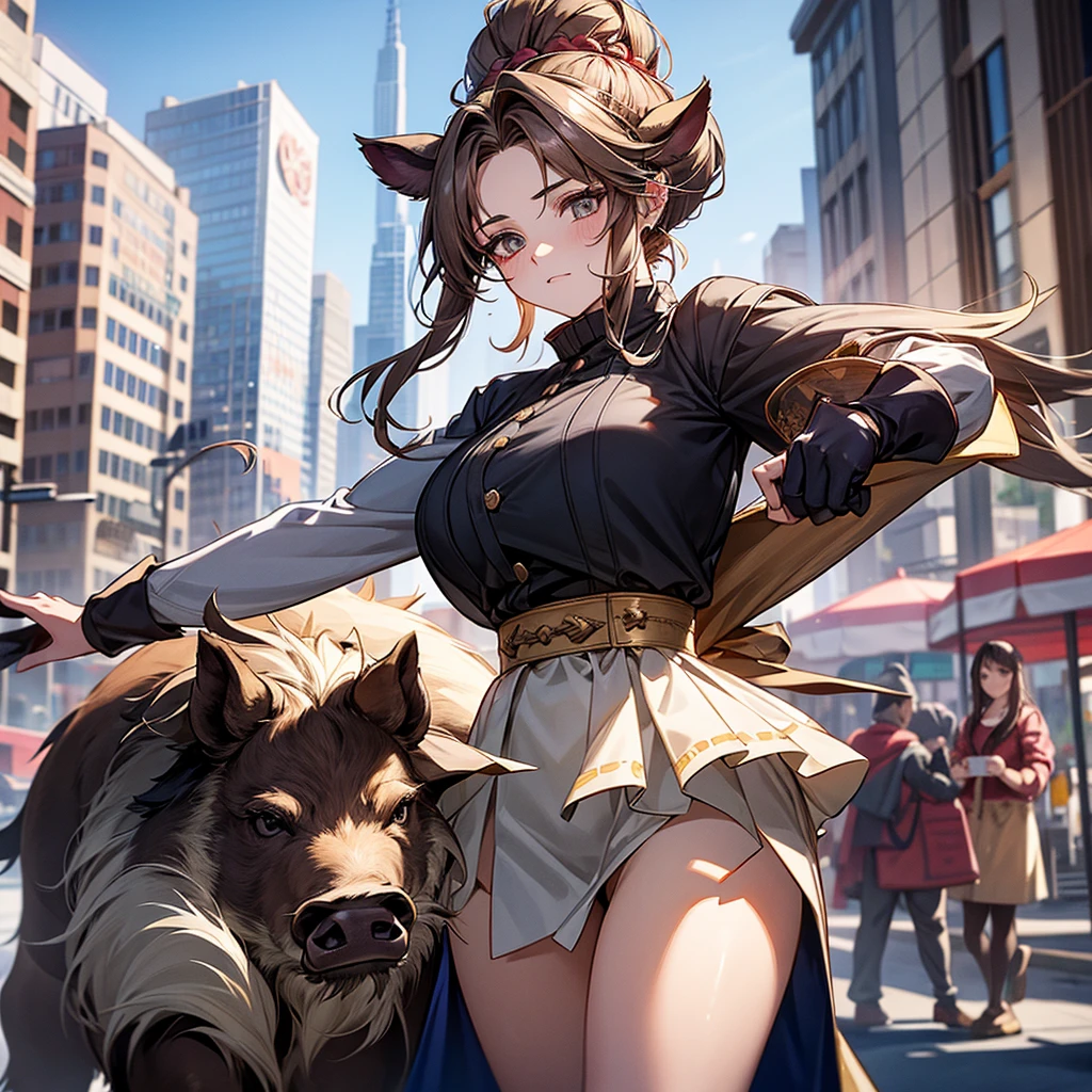 Character Settings:A girl with a boar motif teleported to a downtown area 1. Appearance: - Hairstyle:Two big round buns on top of the head。These are modeled after the realistic shape of a boar's face.。The surface of the dumpling has a slightly hairy texture.、More boar-like appearance。 - Hair color:The base is dark brown、Contains striking reddish brown highlights。 - clothing:She is wearing Ainu clothing with a boar fur motif.。It has a mottled pattern。The hem and sleeves of the dress are fluffy.、It reminds me of the fur of a boar.。 2. accessories: - necklace:A white pendant resembling a small boar's tusk。 - Bracelets:A brown leather bracelet with small boar's hoof charms。 - ヘアaccessories:A boar's ear-shaped hairpin used to secure the bun。 3. Pose and expression: - Posture:Leaning forward a little、Be wary of your surroundings。 -expression:A look of surprise and alarm。Eyes Wide Open、4. They are threatening others.. Background and Circumstances: - setting:Suddenly teleported to the center of a busy downtown area。 - Reactions from others:Passersby stare at her in amazement.。 - Contrast:A wild girl reminiscent of animals in nature、A scene composed to highlight the contrast of the modern cityscape。 5. The details: - Around the Girl、Small light particles and fog-like effects that indicate the moment you teleport。 - The hem of the dress flutters in the wind、It gives the impression of boar hair standing on end。 - At her feet、There are a few fallen leaves and twigs scattered around, reminiscent of the forests back home.。 24 years old,nsfw,one woman,tattered clothes,on all fours,squatting,muscular,beautiful face,small eyes,sharp eyes,angry,surprised face,scared face,excited,stern expression,glare at,crowd of people,anime style,high quality,illustration,masterpiece,japanese、Distraught、panic、Puzzled、Tattered clothes、Wild 、wild、The hustle and bustle、crowd、Clothes are the place々Defeated、Exposed Skin、The background is detailed、Colorful face paint like Princess Mononoke