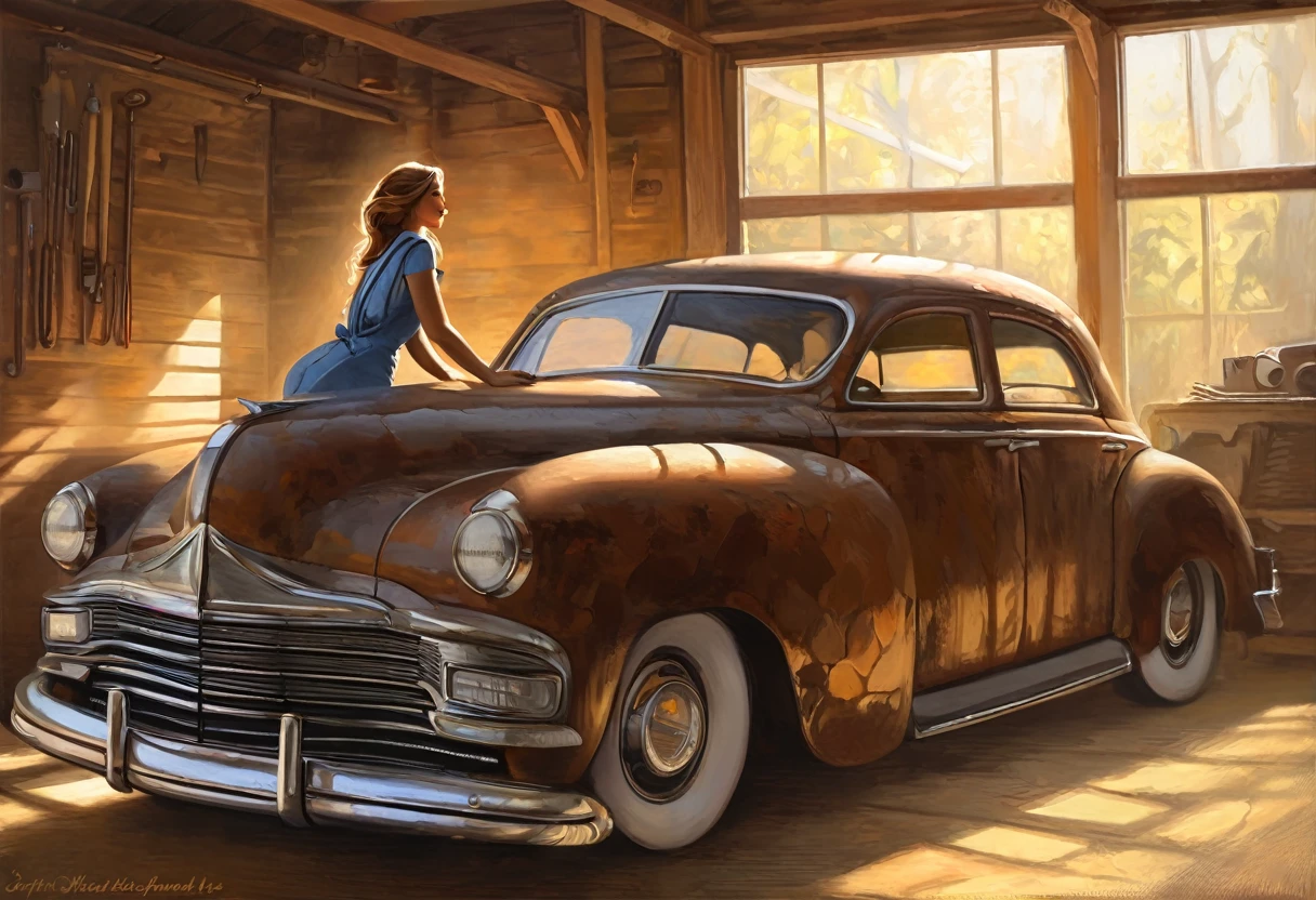A captivating and sensual paintbrush painting of a radiant woman wearing a mechanic's suit, skillfully fixing a rustic vintage car. The warm sunlight cascades through the garage doors, illuminating her curves and showcasing her beauty in an unexpected setting. The vintage car, with its rusty exterior, contrasts the woman's stunning appearance, making her stand out in the scene. The overall atmosphere of the painting is both enchanting and evocative.