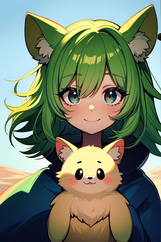 Cute dog,Big face,Fluffy fur,Very big eyes,Droopy eyes,Healing character,smile,Light green hair,Ears stand,Focus on the face,The background is the desert,blue sky,sun