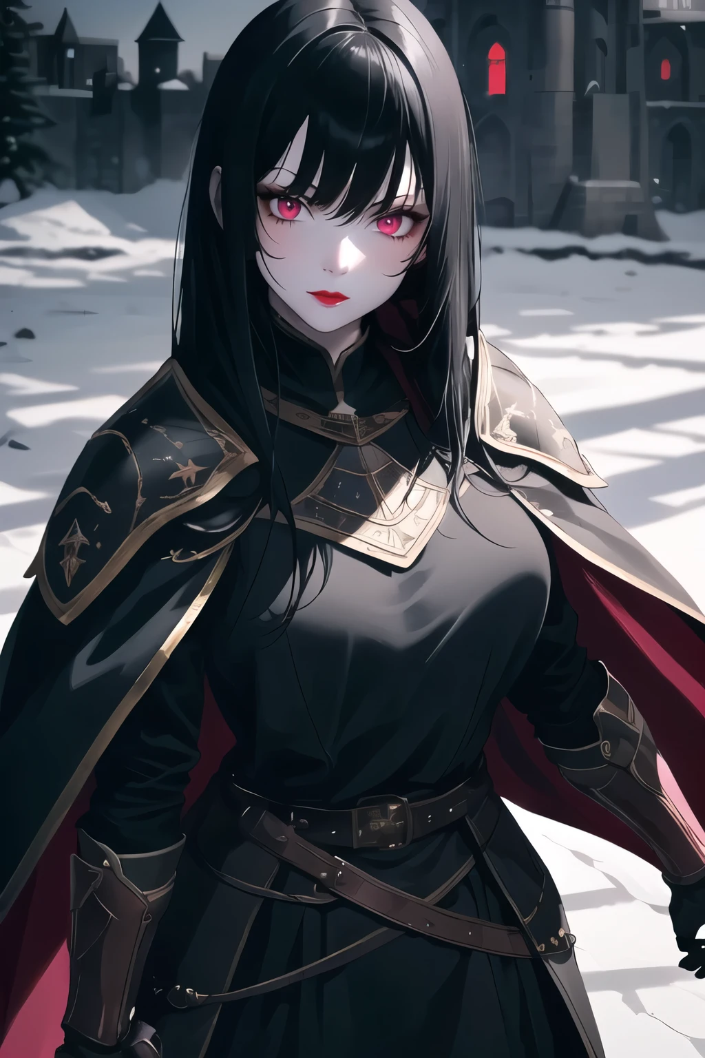 upper body, 1girl, (long black hair), detailed face, mischief expression, pale white skin, pink eyes, detailed eyes, long eyelashes, black eye liner, red lipstick, black tunic, red cloak, (light armor), moonlight, hard lighting, blue light, cold light, medieval theme, masterpiece, super detailed, best quality, POV
