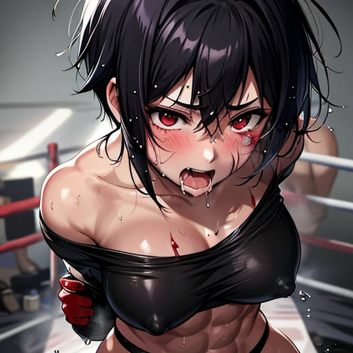 a bloody beautiful young Japanese female fighter is poised in a fighting pose.in the fighting ring. She is covered in scars and bruises. she is damaged terribry. Short-cut black hair, out of breath, an eye is closed, drooling from mouth, exhausted, drenched in sweat. Muscularity. Six-pack abs. Erect nipples.