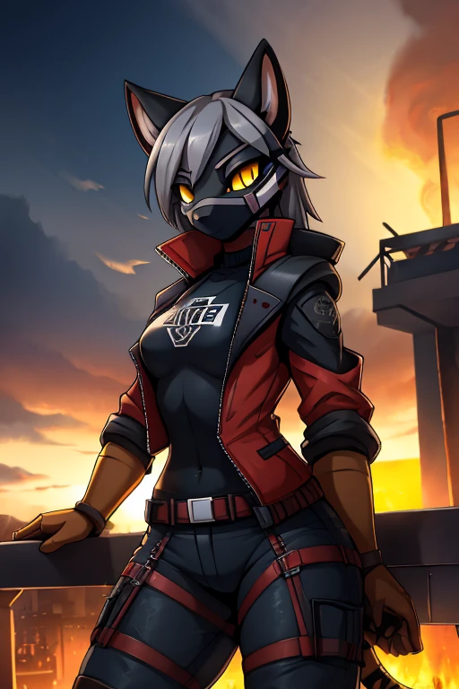 anthro furry tiger, ((Anarchist)) (rides on a tank), absurdity, a high resolution, ultra detailed, 1 girl,oversized jacket with ,whole body, original character,girl,gray hair,yellow eyes,shoulder-length hair, complex black mask, {Best quality}}, {{masterpiece}}, {{ultra detailed}}, {illustration}, {detailed light}, Nuclear fusion