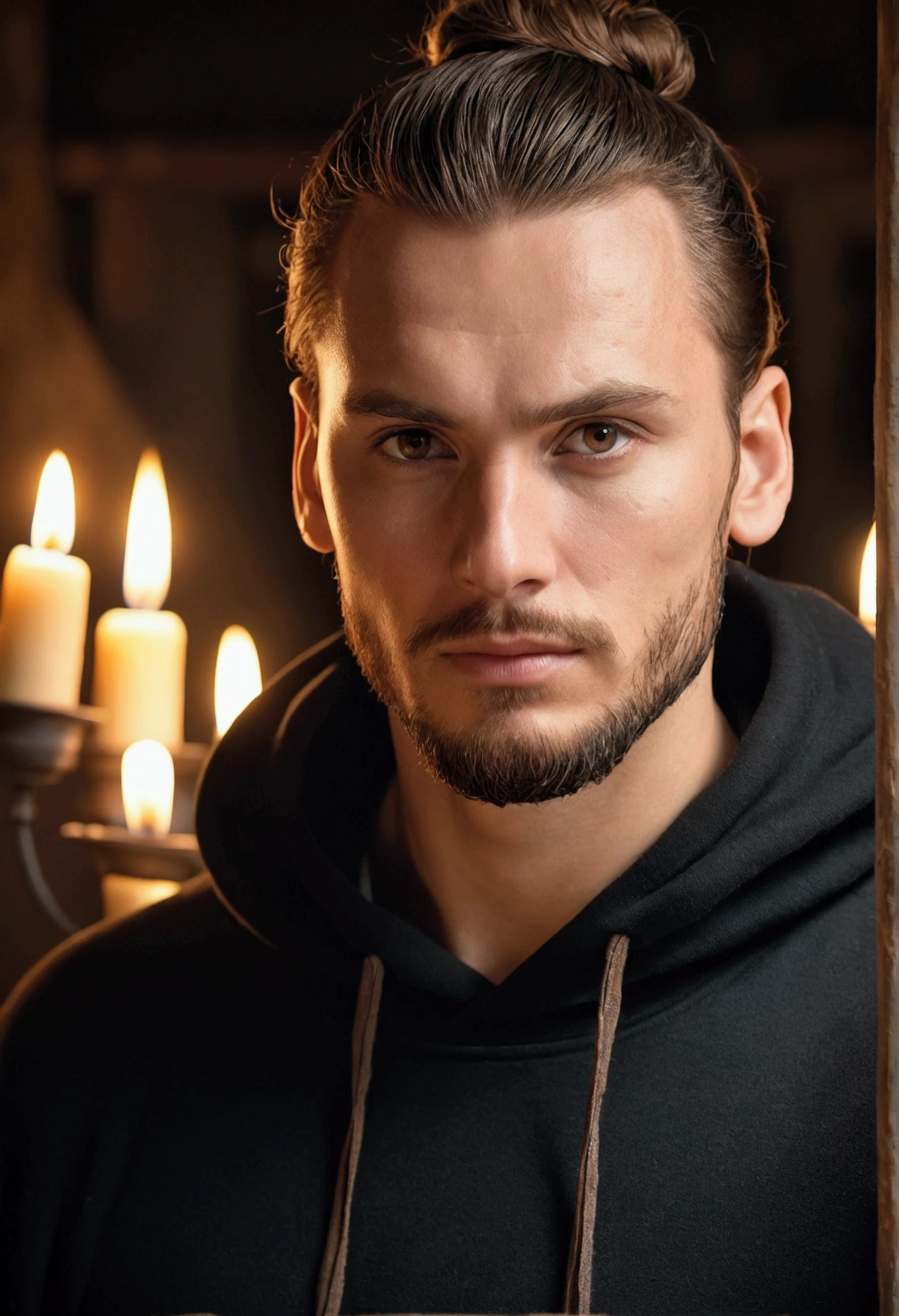 Fair skin, Finnish male, around 30 years old, Natural brown hair in a bun, manbun, Slightly receding hairline, Bearded, Distinctive light brown eyes, Wearing a black hoodie, A man of average build, 176cm tall, Medieval atmosphere candlelight, Super sharp focus, Realistic shots, Modern and stylish clothing, Four-color