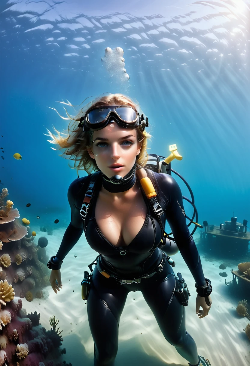 ((full body shot))During the diving course,There is a lady wearing a diving suit and goggles,Wear a diving helmet, Instagram, A diver on the seabed, A diver on the seabed, old scuba, GoPro shooting, Abandoned diving mask, Underwater perspective, 3 6 0 capture, amanda clarke, Underwater shooting,