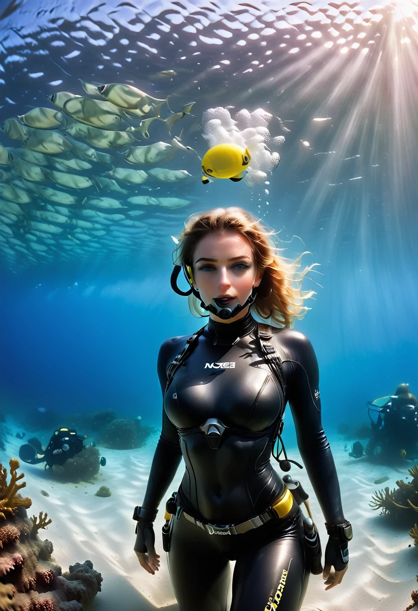 ((full body shot))During the diving course,There is a lady wearing a diving suit and goggles,Wear a diving helmet, Instagram, A diver on the seabed, A diver on the seabed, old scuba, GoPro shooting, Abandoned diving mask, Underwater perspective, 3 6 0 capture, amanda clarke, Underwater shooting,