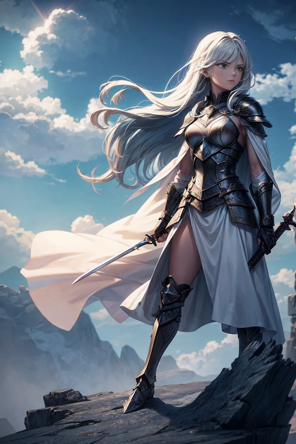 Create an animated wallpaper featuring a strong female warrior standing on a cliff's edge overlooking a vast, mystical landscape. The warrior should be clad in intricately designed armor with a glowing sword in hand, her hair and cape flowing in the wind. The background should include a dramatic sky with storm clouds parting to reveal rays of sunlight breaking through. Include subtle animations such as her cape fluttering, the sword glowing brighter, and the clouds slowly moving. The overall mood should evoke strength, determination, and hope.