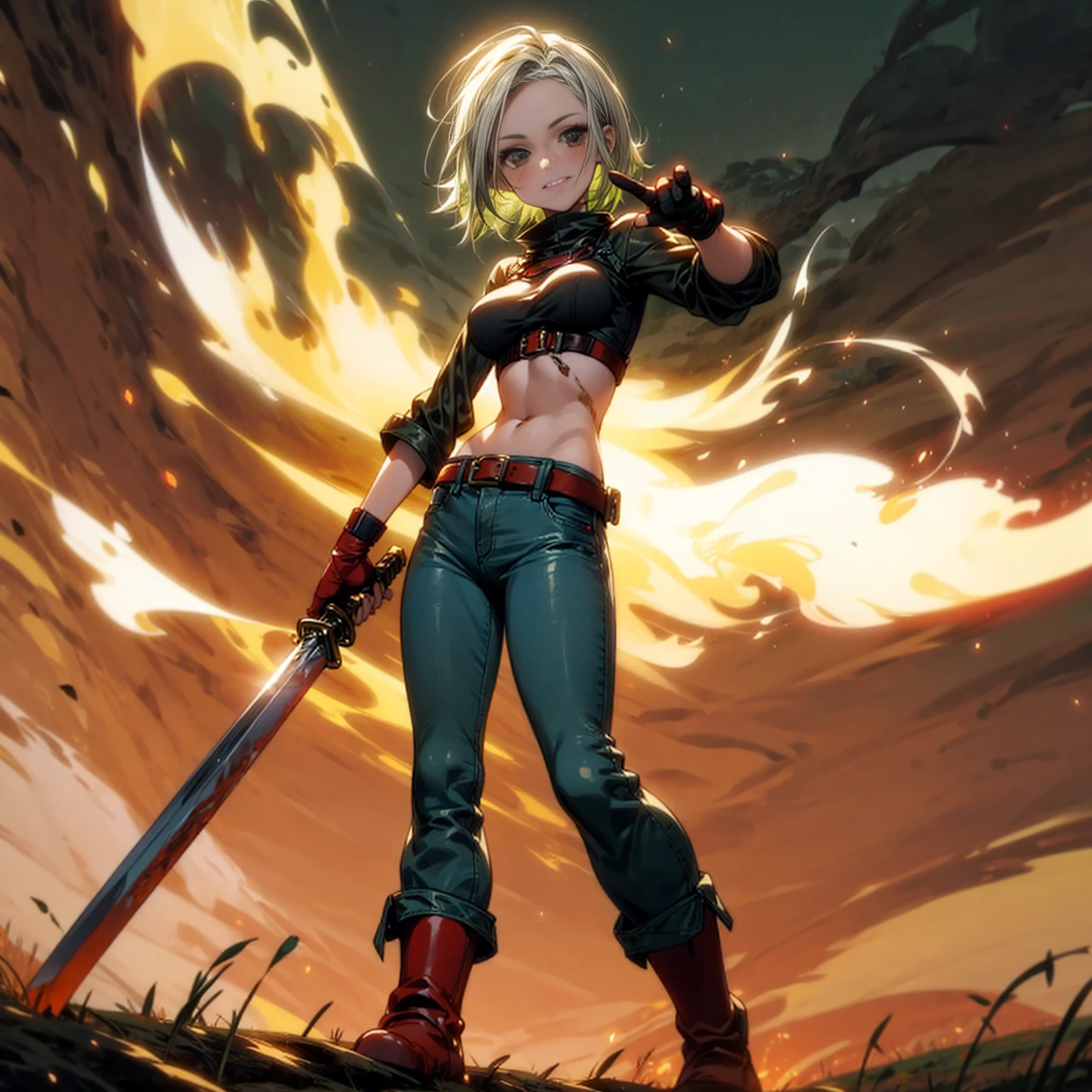 Solo character, full body version, girl, tall height, white half green color hair, black eyes, short hairstyle, crop top, gloves, long jeans, belt, bracelet, red boots, evening, field, Moonlight, standing gesture, sword in hand, Big breasts, glow effect in sword, glow effect, Fire effect, blood on Character, smile mouth 