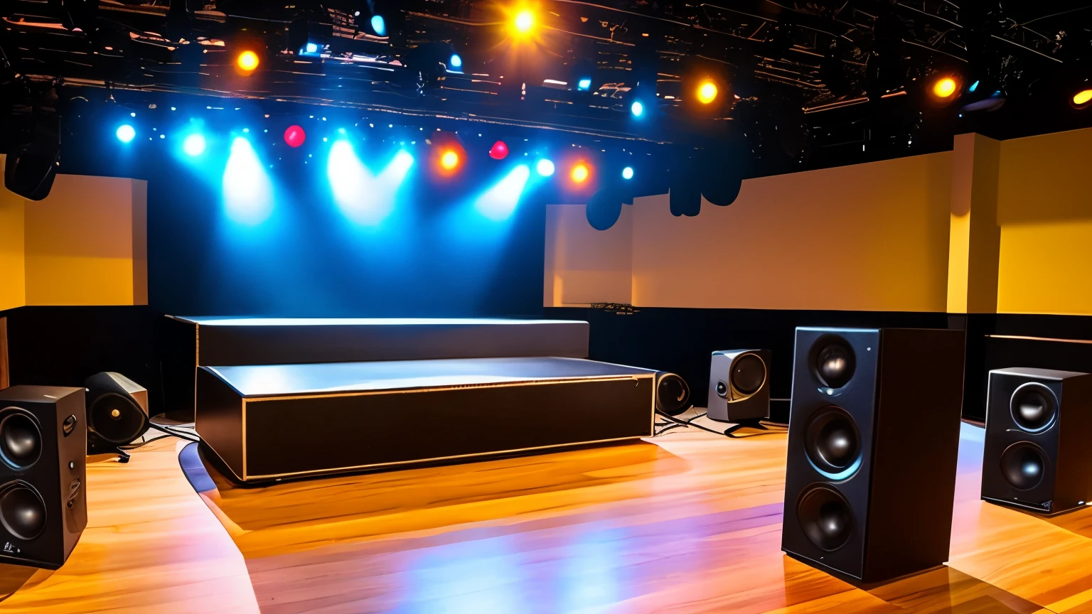 create a stage with 70s style speakers, big boxes, sound equipment, equalizers, dj sound tables, no figures in the environment.