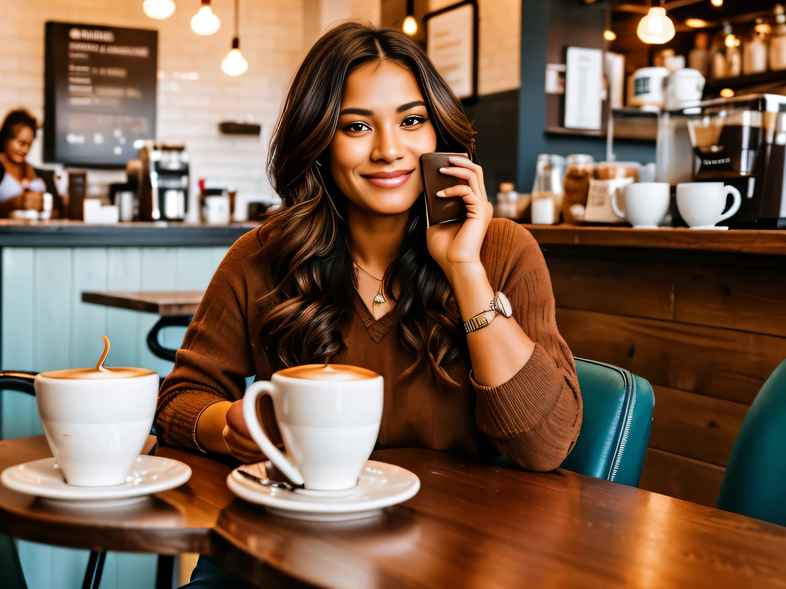 woman sitting at a table with a cup of coffee and cell phone, alone gorgeous latin woman, drinking coffee, woman drinking coffee, drinking a coffee, 30-year-old woman from cuba, sitting on a mocha-colored table, morning coffee, sitting in a cafe alone, portrait of morning coffee, enjoying coffee at a coffee shop, 40 years old women