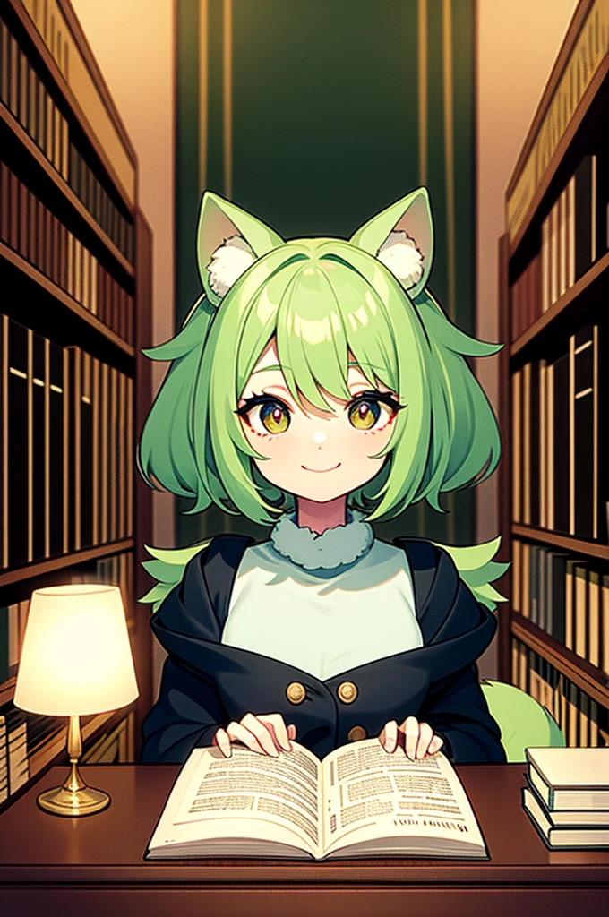 Cute dog,Big face,Fluffy fur,Very big eyes,Droopy eyes,Healing character,smile,Light green hair,Ears stand,Focus on the face,The background is the library,There are many books lined up,Reading a book