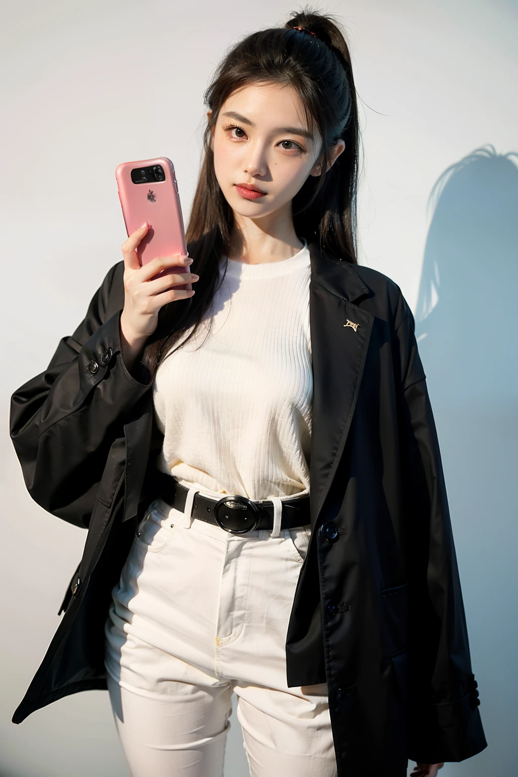 A Chinese beautiful model standing with a wireless power bank in hand, with a solid color background
