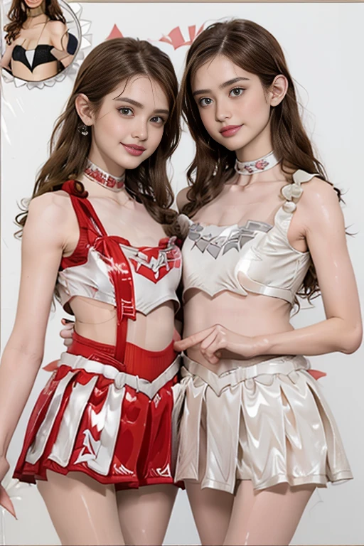 two 18 year old tween girls trying on cute clothes, two close friends, colored hair, collar, skinny body, detailed pupils, beautiful face, perfect faces like young asian models, tattoo, touching each other, back straps, innocent expression, enticing, full body showing legs, garter with stockings, good lighting, high heels, cute glasses, kawai cosplay girls, strapped colored dresses with cutouts slits, bright playful, thin model, cute young teen girls