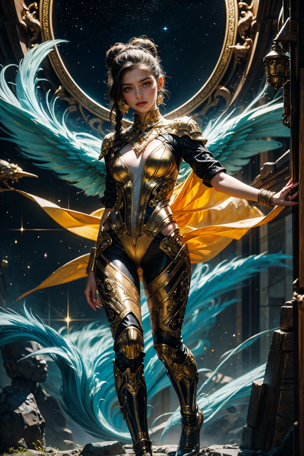 Goddess in chrome android suit, full body, positioned in a Mucha-style tarot layout, digital painting, comic book aesthetic, Princess Rey from Star Wars garbed in a gleaming white latex bodysuit, braid bun, silver accentuations, floating in a cosmic galaxy, colorful fantasy concoction, intricate details as envisioned by Jean Giraud, embellished with iridescent lighting