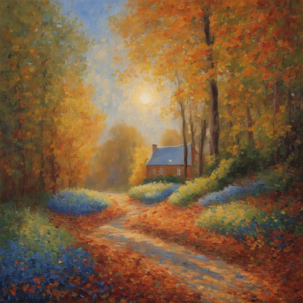 (Workshop seams, Beautiful landscape painting, Unique image, by Claude Monet, sewn trifles, Soft mist, wooded area, brick, Gentle nature, Warm sun, Fallen leaves on the ground, blue skies, Sun light:1.2)
