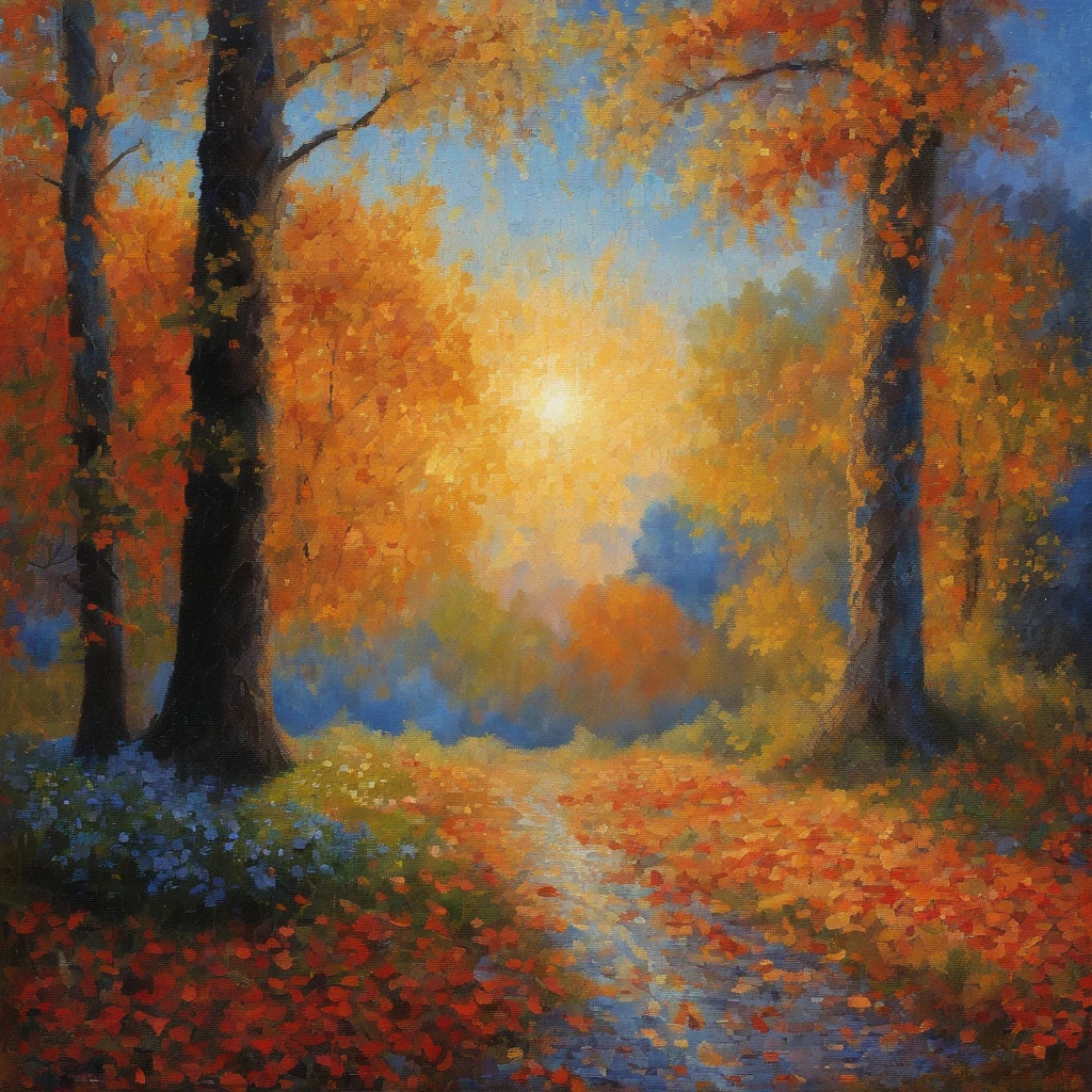 (Workshop seams, Beautiful landscape painting, Unique image, by Claude Monet, sewn trifles, Soft mist, wooded area, brick, Gentle nature, Warm sun, Fallen leaves on the ground, blue skies, Sun light:1.2)