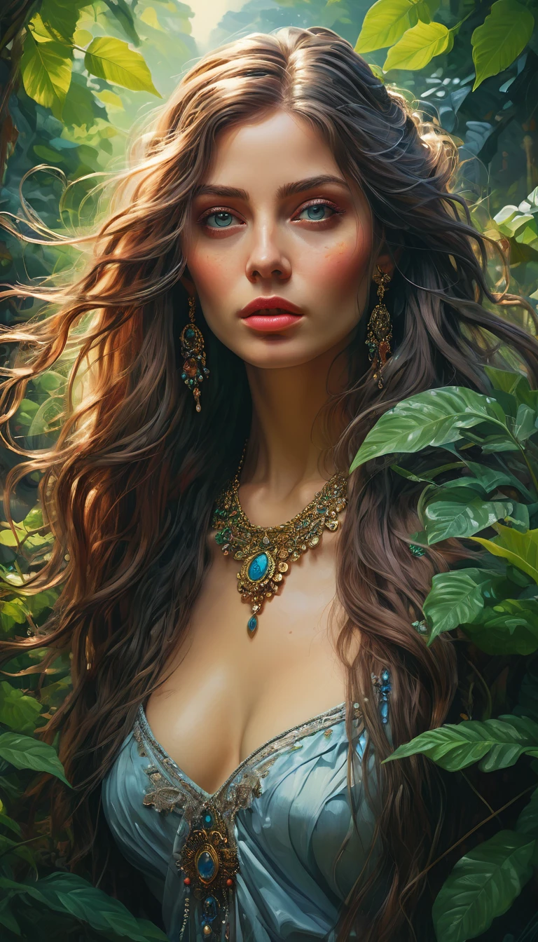 a photo-realistic, highly detailed, masterpiece of a surreal and imaginative painting, 8K resolution, vibrant colors, hyper-realistic style, naive art, sharp focus, physically-based rendering, professional artistic composition, beautiful detailed face, elegant female portrait, flowing long hair, piercing eyes, intricate clothing, ornate jewelry, outdoor nature scene, lush foliage, dreamy atmosphere, dramatic lighting, ethereal mood